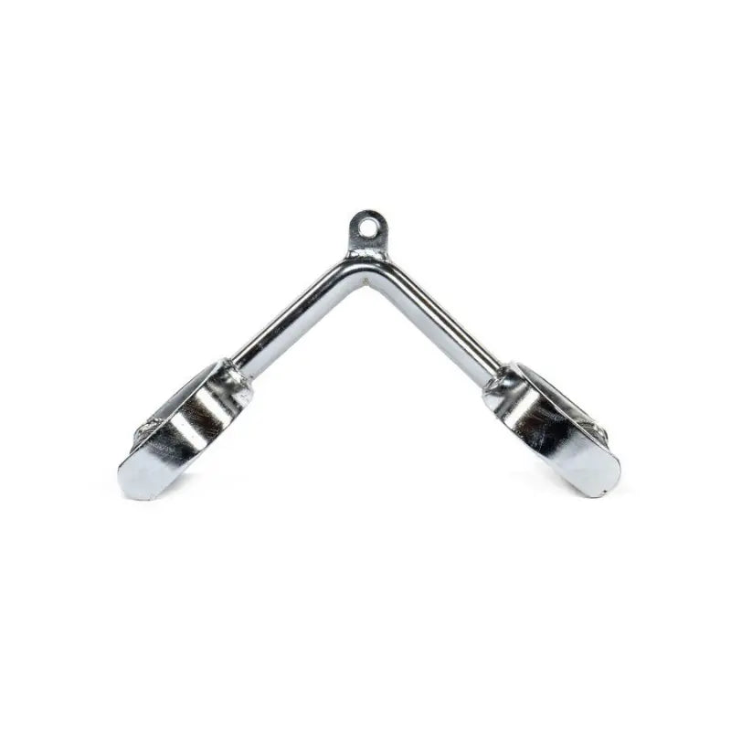 The MYO Strength Cable Attachment – Row Handle with Parallel Hand Grips features PU grips, a V-shaped chrome design with handles at each end, and a top hole for connecting to gym equipment, shown against a white background.