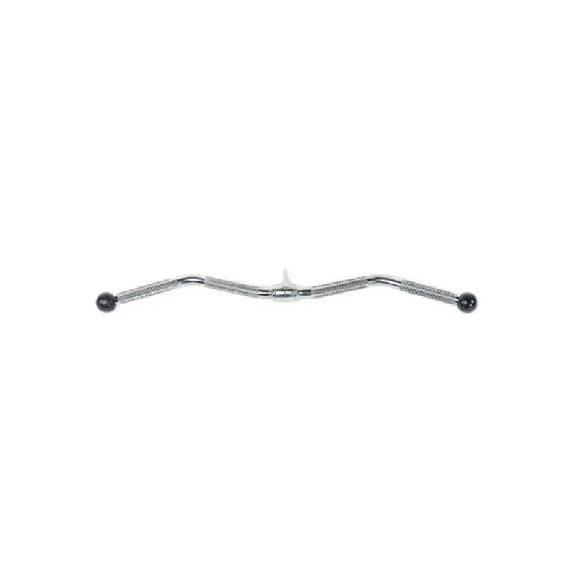 The MYO Strength Cable Attachment – Tricep / Bicep Bar by MYO Strength is a chrome-plated, knurled bar with angled ends and black ball grips, designed for use with strength training equipment.