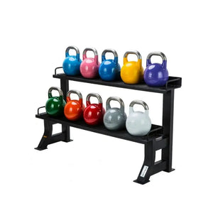 Colorful kettlebells on a black metal rack against a white background