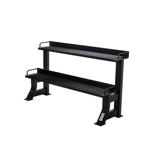 Black metal tow tier kettlebell storage rack against a white background