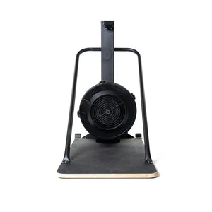 Front view of the Attack Fitness Ski Attack – Ski Trainer Floor Stand, a heavy-duty Freestanding Base for SkiErg machines, with upright handles and a round fan, black steel construction, isolated on a white background.