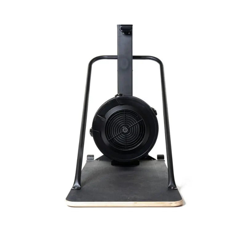Front view of the Attack Fitness Ski Attack – Ski Trainer Floor Stand, a heavy-duty Freestanding Base for SkiErg machines, with upright handles and a round fan, black steel construction, isolated on a white background.