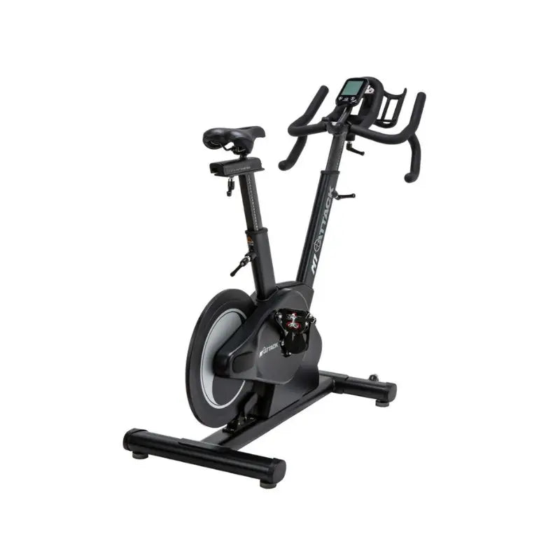 The Attack Fitness M1 Magnetic Studio Bike by Attack Fitness is a black belt-driven indoor cycle with console, featuring an adjustable seat, handlebars, and large flywheel—ideal for indoor cycling workouts against a white background.