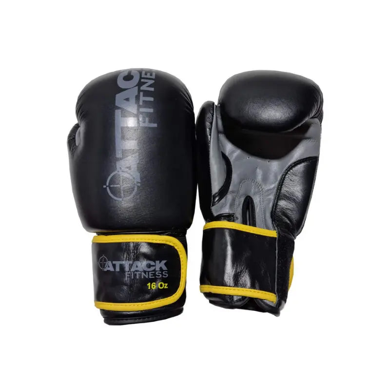 A pair of black ATTACK Fitness - Boxing Gloves Leather, 12 Oz, with red trim, shown with one gloves top and the others palm visible—ideal for sparring or training.