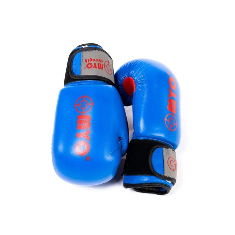 A pair of MYO Strength Leather Boxing Gloves in blue/red (12oz, 14oz, 16oz), featuring black wrist straps and red logo for wrist support, displayed on a white background.