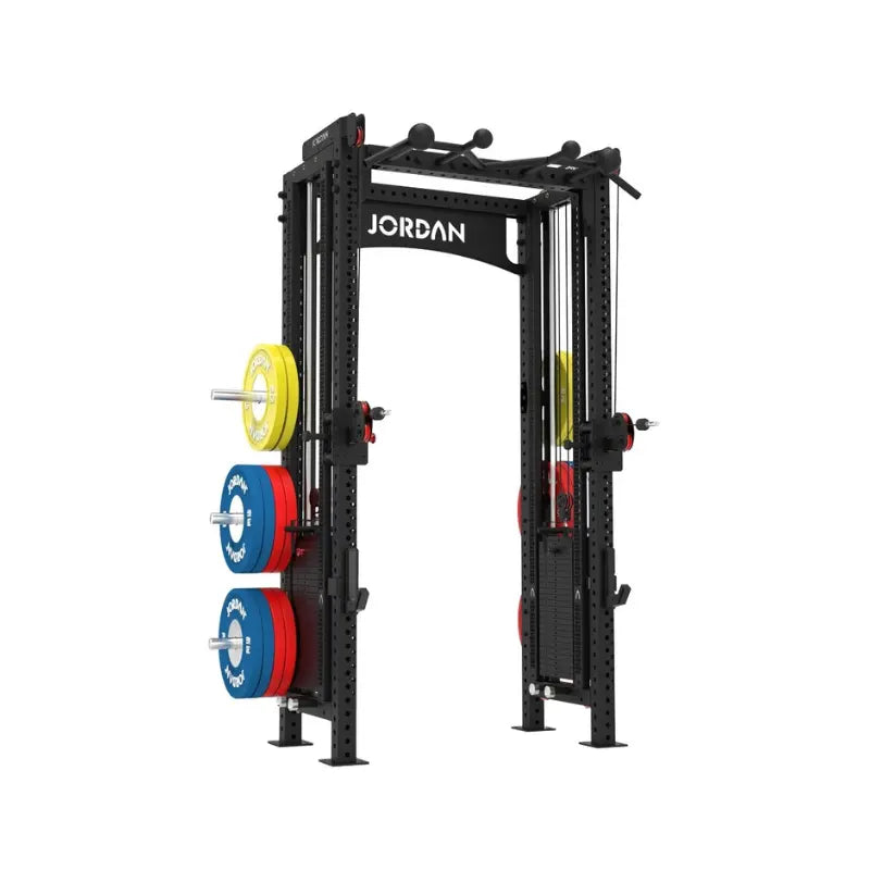 The JORDAN -J75 Cable Rack in black is a versatile gym power rack with barbells and weight plates on both sides. It features storage for weights and equipment, making it ideal for strength training exercises. The top arch is labeled Jordan.