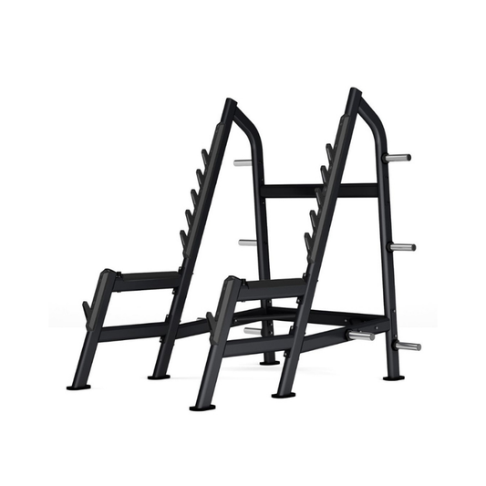The Attack Fitness Attack Strength Squat Rack – Olympic-Grade features multiple barbell holders and four weight plate storage pegs per side, ideal for strength training routines; shown here on a white background.