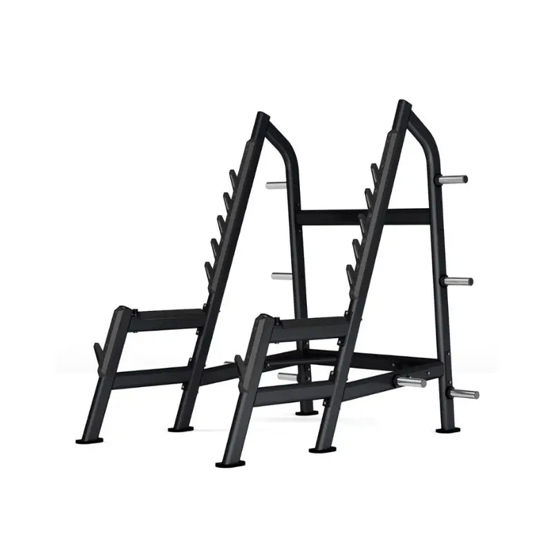 The Attack Fitness Attack Strength Squat Rack – Olympic-Grade features multiple barbell holders and four weight plate storage pegs per side, ideal for strength training routines; shown here on a white background.
