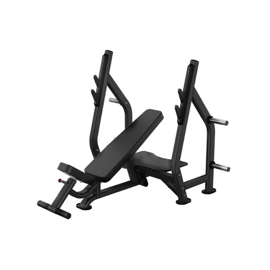 The Attack Strength Olympic Incline Bench by Attack Fitness features a 30° incline, padded seat and backrest, barbell holders, and plate storage—ideal commercial gym equipment for intense weightlifting.