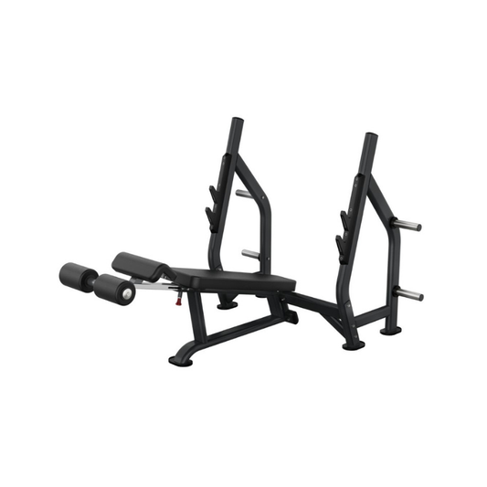 The Attack Fitness Attack Strength Olympic Decline Bench is a commercial press bench with padded rollers, side handles, barbell holders, and plate storage—ideal for strength training like bench presses. Isolated on a white background.