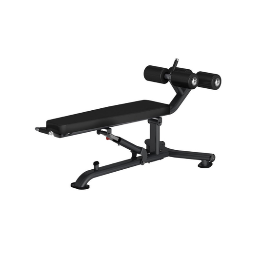 The Attack Strength Adjustable Abdominal Bench by Attack Fitness features padded rollers, a black frame, and multi-angle settings for sit-ups and leg raises. Ideal for versatile core workouts in home or commercial gyms; shown against a plain white background.