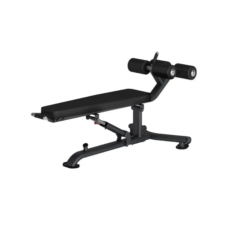 The Attack Strength Adjustable Abdominal Bench by Attack Fitness features padded rollers, a black frame, and multi-angle settings for sit-ups and leg raises. Ideal for versatile core workouts in home or commercial gyms; shown against a plain white background.