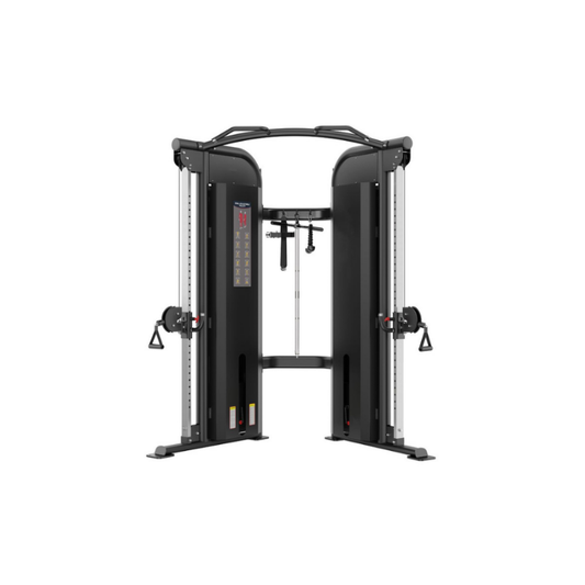 The Attack Strength Dual Adjustable Pulley by Attack Fitness is a black commercial cable trainer with dual 100kg stacks, two adjustable pulleys, included handles, a pull-up bar, and central instructional display for strength and resistance training.