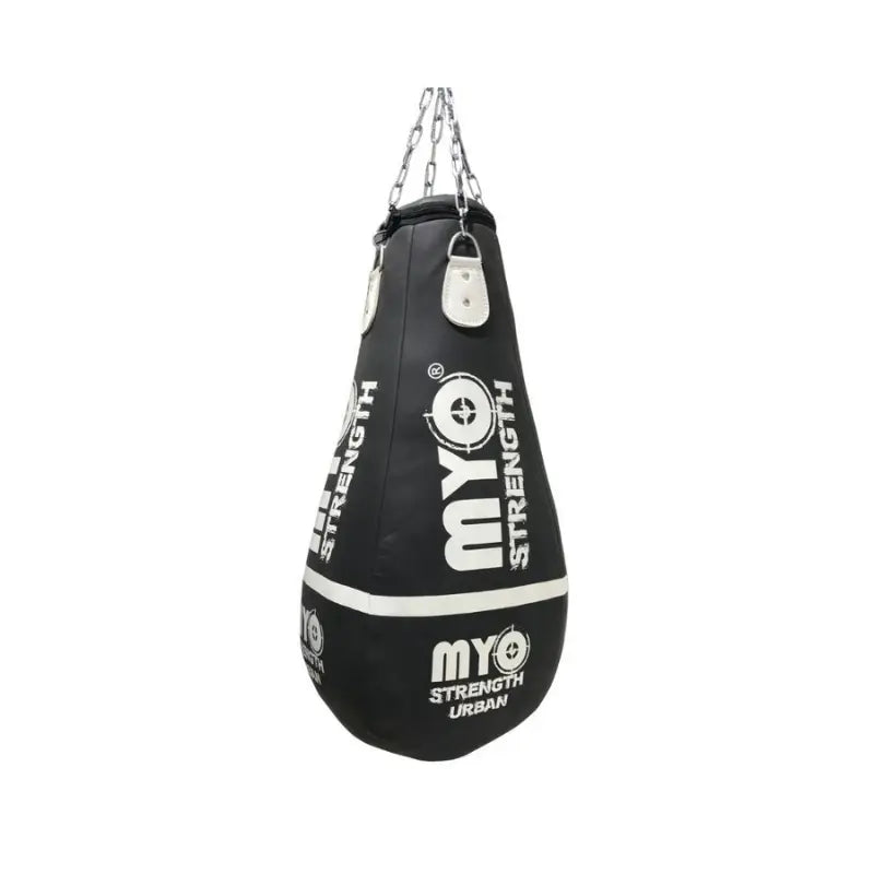 The MYO Strength 3.5ft Uppercut Leather Punchbag (Grey/White, 40kg) is a specialist angled bag for uppercuts and hooks, ideal for intense boxing training. Durable PU leather with MYO Strength branding; hangs from sturdy metal chains.