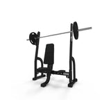The Jordan JORDAN Shoulder Press Bench is a black, UK-made adjustable strength training bench, shown on a plain white background with barbell and plates on a squat rack, ideal for exercises like bench press.