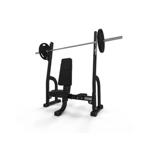 The Jordan JORDAN Shoulder Press Bench is a black, UK-made adjustable strength training bench, shown on a plain white background with barbell and plates on a squat rack, ideal for exercises like bench press.