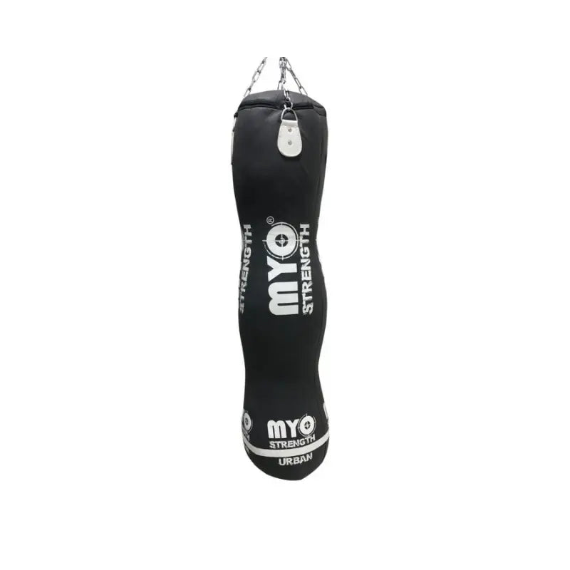 The MYO Strength 5ft Triple Leather Punchbag in grey/white (60kg) is a three-zone boxing & MMA training bag with metal chains and hooks for hanging, shown isolated on a white background.
