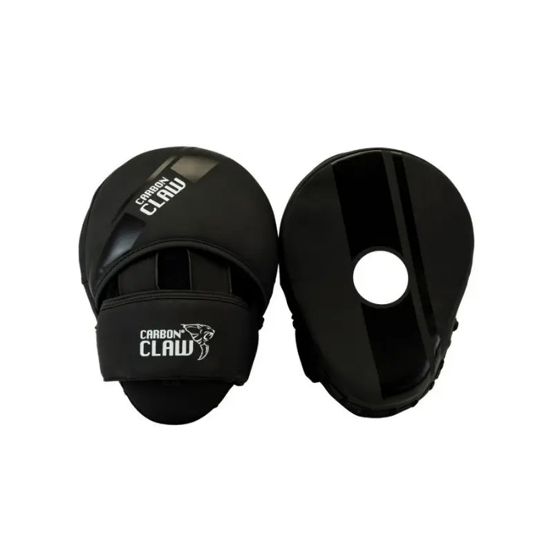 A pair of Carbon Claw Storm TX-3 Series lightweight hook and jab pads, one displaying the front with logo and target, the other the back with strap and finger cover—ideal for boxing or MMA focus drills.