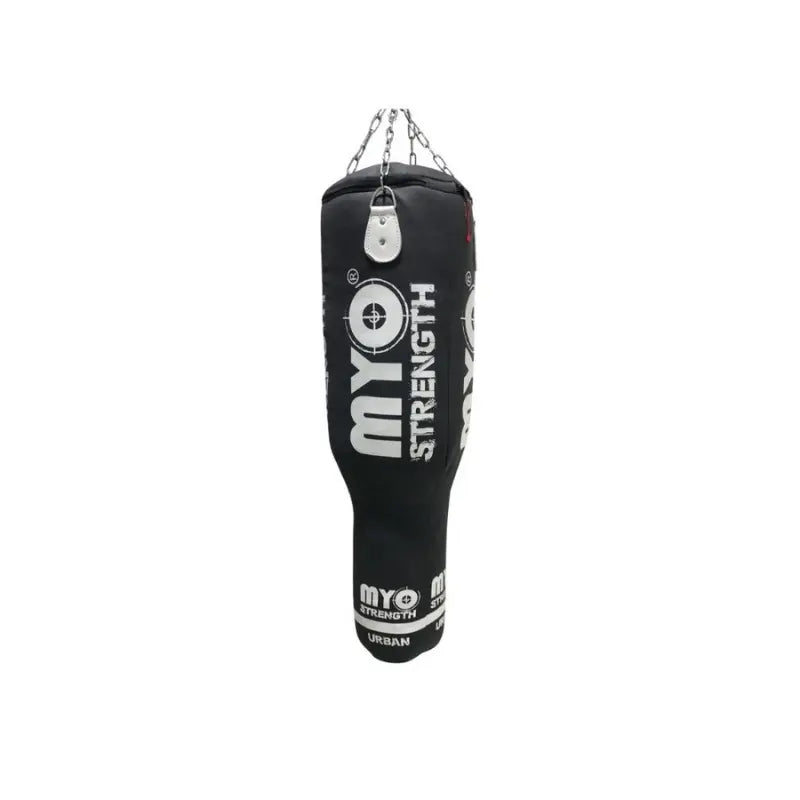 A grey and white MYO Strength 4ft Angle Leather Punchbag (40kg) hangs from metal chains against a plain white background.