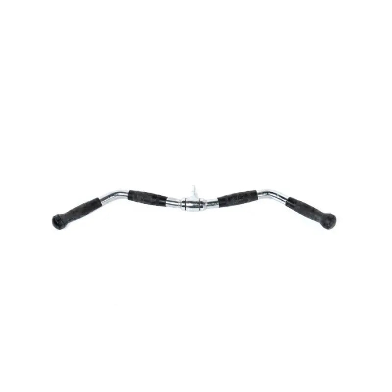 The MYO Strength Cable Attachment – Tricep/Bicep Bar features a zigzag chrome design with durable PU grips on both ends, ideal for lat pulldowns or rows. Shown against a white background. Brand: MYO Strength.