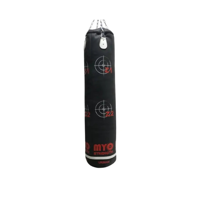 The MYO Box 5ft Straight Punchbag – Grey/Red (55kg) by MYO Strength, featuring target marks and durable hanging chains, is shown on a plain white background—perfect for a heavy-duty boxing workout.