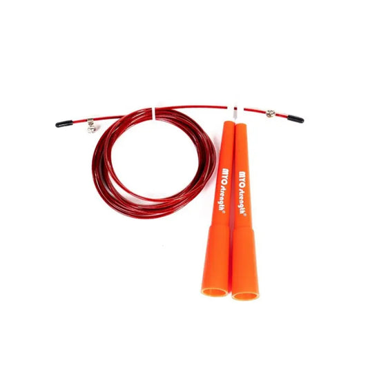The MYO Strength Ultra Speed Rope is an adjustable red skipping rope with orange handles, perfect for CrossFit, HIIT, and MMA. Branded with MYO Strength on the handles, it’s shown laid out on a white background.