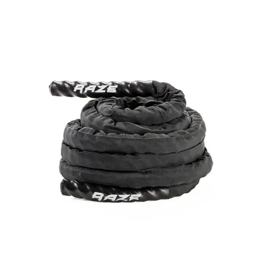 The RAZE Sleeved Battle Rope by Raze is a durable black outdoor battle rope, ideal for strength and conditioning workouts. The brand name appears in white lettering on the end and side.
