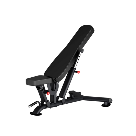 The MYO Strength Adjustable Weight Bench features 9 backrest angles, a heavy-duty flat/incline design, padded seat and backrest, sturdy metal frame, and adjustment knobs. Shown in black against a plain white background.