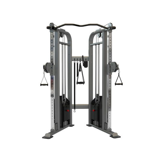 The MYO Strength Dual Adjustable Pulley Functional Trainer features dual 80kg stacks, adjustable pulleys, a chin-up bar, and multiple handles for versatile strength training—ideal for any home gym. Shown on a white background.