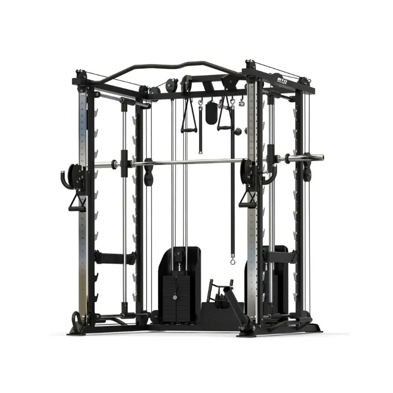 The MYO Strength Multi Gym – All-in-One Functional Trainer by MYO Strength is a black home gym with a Smith machine, 2×105kg stacks, cable system, pull-up bars, and attachments for versatile strength training, shown against a plain white background.