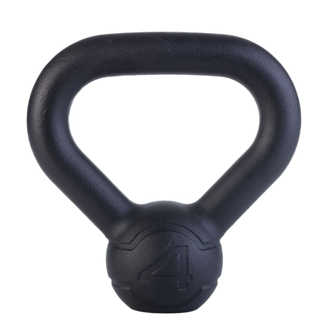 The JORDAN Cast Iron Kettlebell features a smooth black finish, wide handle, and “4” embossed on the front for its 4-kilo weight. Its durable design makes it ideal for full-body workouts.