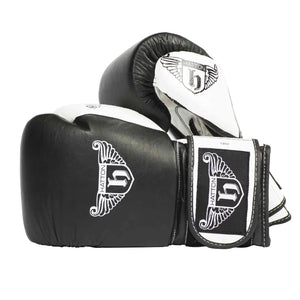 HATTON BOXING Velcro Sparring Gloves Leather, featuring the Hatton logo and a stylized H. These sleek black-and-white gloves include intricate white detailing, perfectly positioned for any boxing routine.