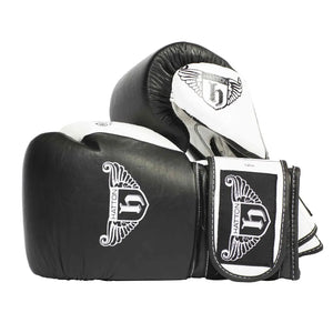 HATTON BOXING Velcro Sparring Gloves Leather, featuring the Hatton logo and a stylized H. These sleek black-and-white gloves include intricate white detailing, perfectly positioned for any boxing routine.