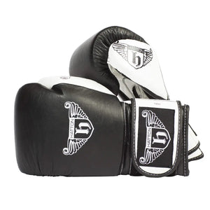 HATTON BOXING Velcro Sparring Gloves Leather, featuring the Hatton logo and a stylized H. These sleek black-and-white gloves include intricate white detailing, perfectly positioned for any boxing routine.