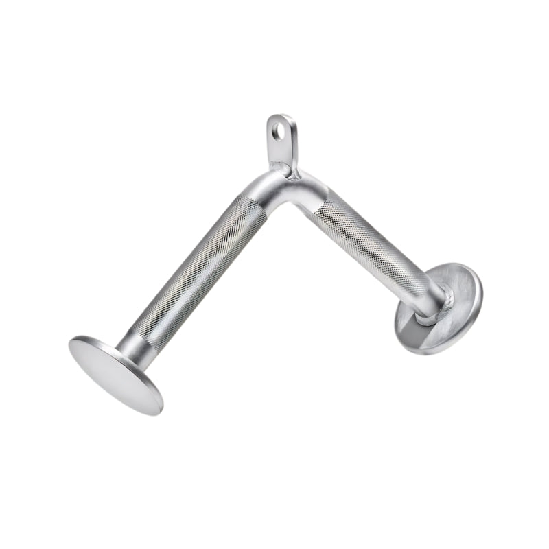 Chrome tricep pressdown cable attachment on a white background