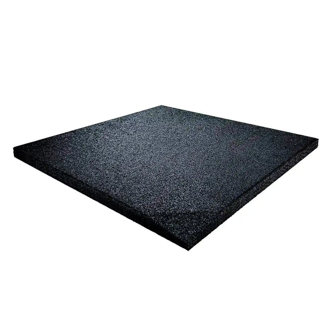 The JORDAN - ACTIV Gym Flooring Rubber Tiles in black, by the brand Jordan, feature a speckled dark gray and black surface resembling granite. They stand upright on a plain white background, perfect for gym equipment protection and noise reduction.