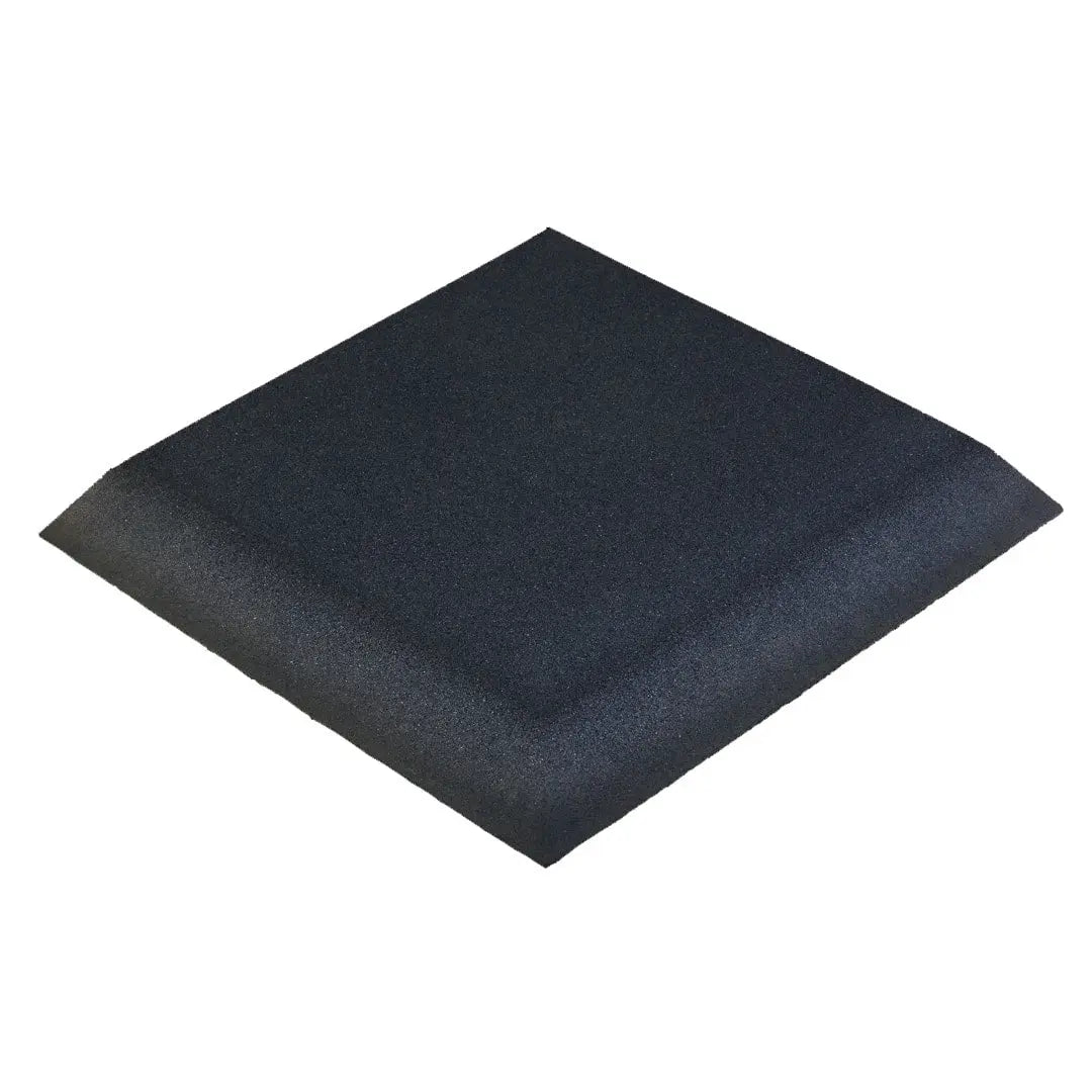 The JORDAN - ACTIV Gym Flooring Rubber Tiles in black, by the brand Jordan, feature a speckled dark gray and black surface resembling granite. They stand upright on a plain white background, perfect for gym equipment protection and noise reduction.