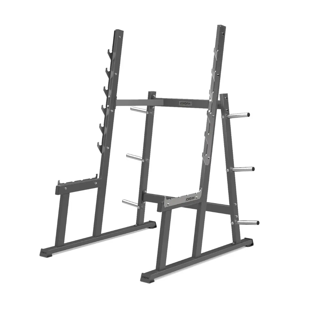 The JORDAN Squat Rack by Jordan is a sturdy, black metal structure for strength training. It features angled barbell holders and weight plate storage pegs on each side, perfect for both home and professional gym settings.
