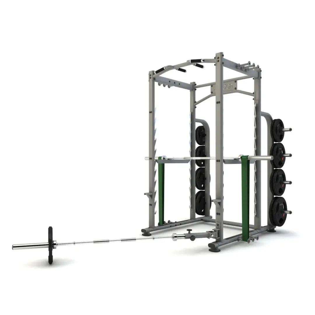 The JORDAN Power Rack with Attachments, by Jordan, is a commercial-grade black and red power rack featuring weight holders and pull-up bars designed for strength training. It stands prominently against a plain white background.