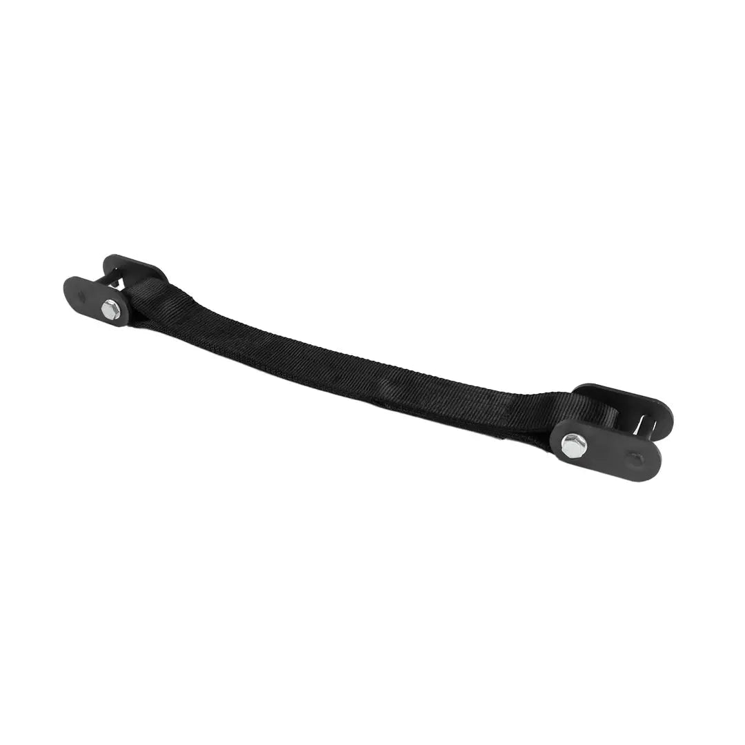 A pair of Jordan HELIX Safety Strap System Attachments, featuring black hinge straps with metal bolts and fasteners, laid parallel on a white background. Crafted from durable material, theyre perfect for home gym use to ensure tightly secured objects.