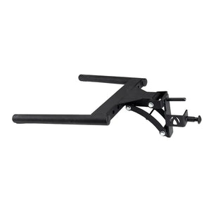 Introducing the JORDAN HELIX Dipping Bar Attachment by Jordan: a black metal bar with long handles and connecting bracket, ideal for fitness equipment or gym setups. Designed for bodyweight exercises, it features commercial-quality construction with sturdy bolts for easy assembly and secure attachment.