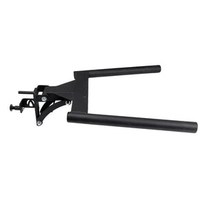 Introducing the JORDAN HELIX Dipping Bar Attachment by Jordan: a black metal bar with long handles and connecting bracket, ideal for fitness equipment or gym setups. Designed for bodyweight exercises, it features commercial-quality construction with sturdy bolts for easy assembly and secure attachment.