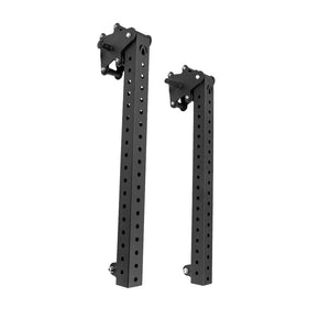The JORDAN HELIX Jammer Arms Attachment (Pair) by Jordan features two black steel adjustable brackets with multiple holes for height customization, perfect for supporting equipment or shelving and creating a versatile HELIX Rack power-training station.