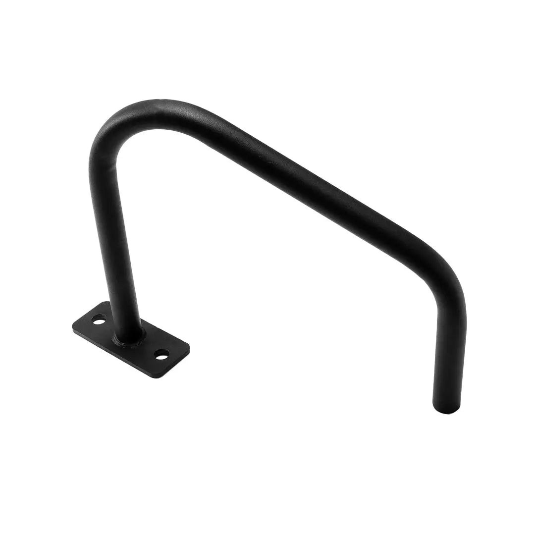 The JORDAN HELIX Angled Handle Rack Attachment (Pair) by Jordan features flat rectangular ends for secure wall fixing, offering a minimalist design. Inspired by commercial gym equipment, these mounts hold a bicycle horizontally, blending functionality and elegance.