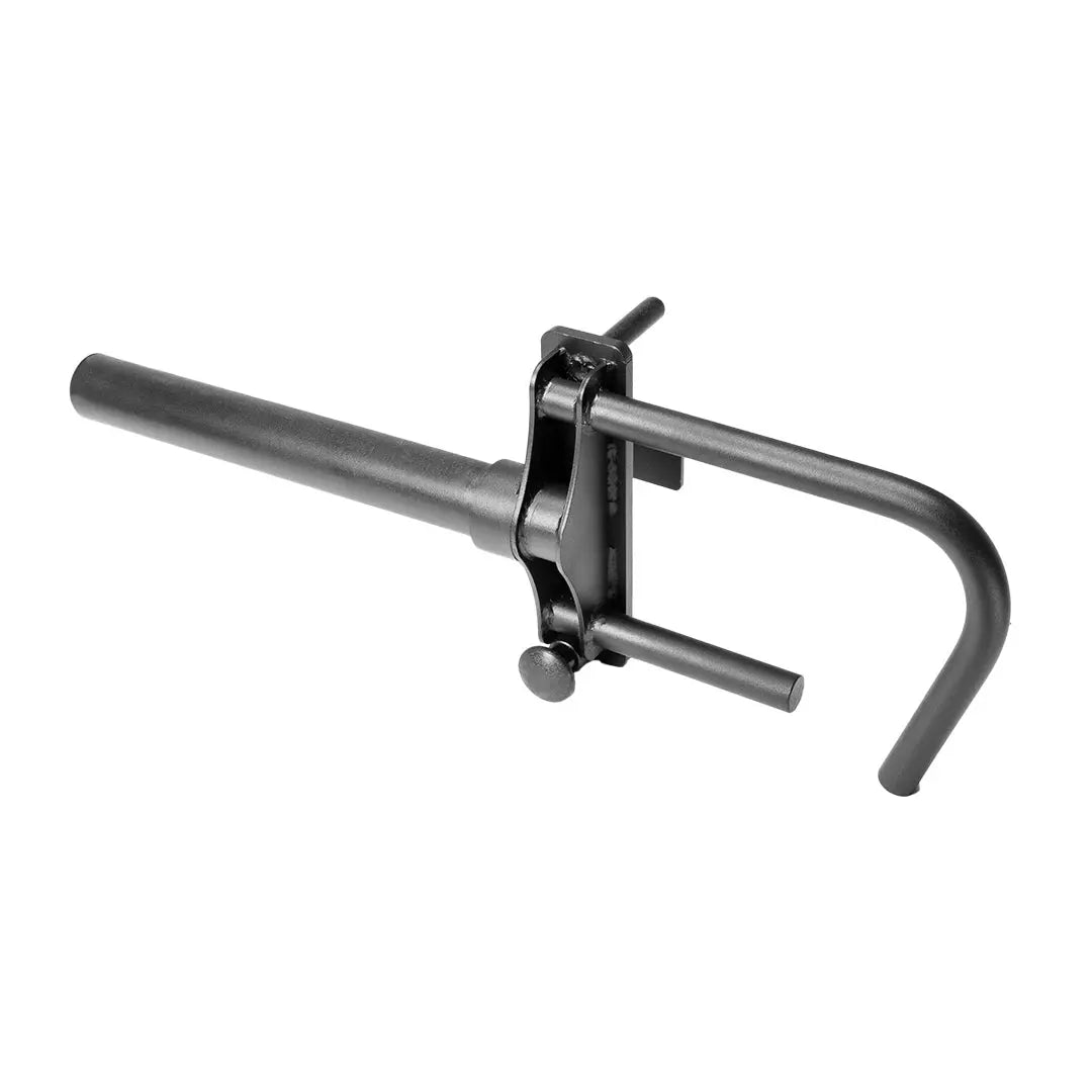 The JORDAN HELIX Multi Handle Plate Holder Attachment (Pair) by Jordan features black metal fork extensions with adjustable clamps. Designed for material handling equipment, they have straight bars with bent ends and lever mechanisms for secure attachment, ideal for efficient organization in home gyms.