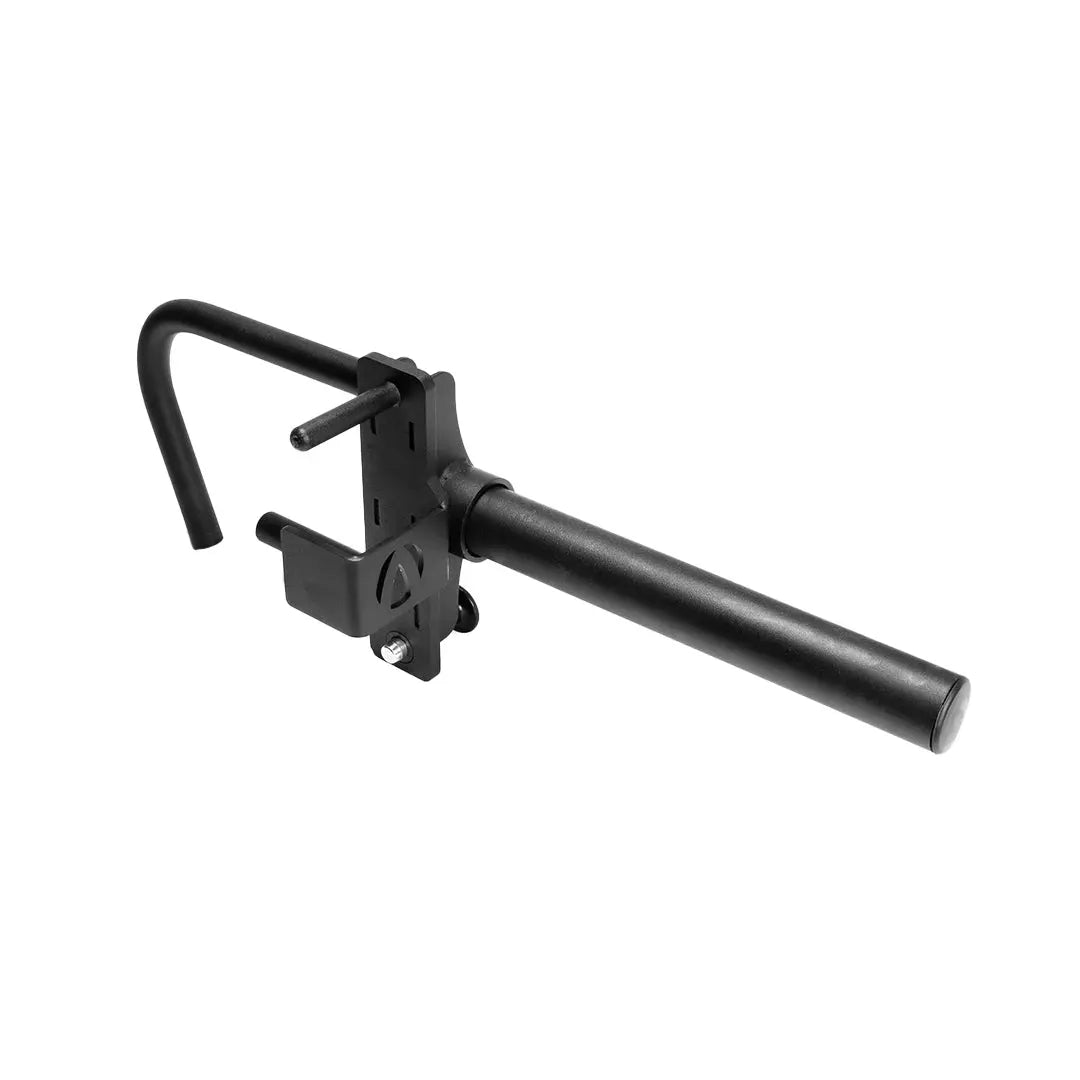 The JORDAN HELIX Multi Handle Plate Holder Attachment (Pair) by Jordan features black metal fork extensions with adjustable clamps. Designed for material handling equipment, they have straight bars with bent ends and lever mechanisms for secure attachment, ideal for efficient organization in home gyms.