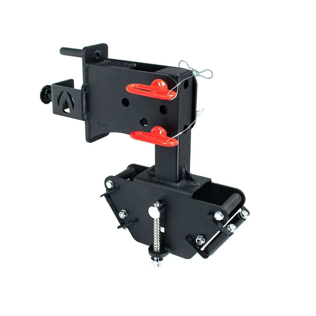 The black and red hitch-mounted step resembles the Jordan HELIX Rope Attachments sturdy design. With two adjustable red handles and a coiled safety chain, it offers durable metal construction, ideal for mounting on your vehicle.