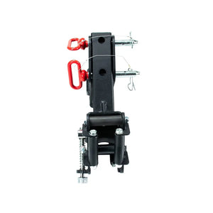 The black and red hitch-mounted step resembles the Jordan HELIX Rope Attachments sturdy design. With two adjustable red handles and a coiled safety chain, it offers durable metal construction, ideal for mounting on your vehicle.