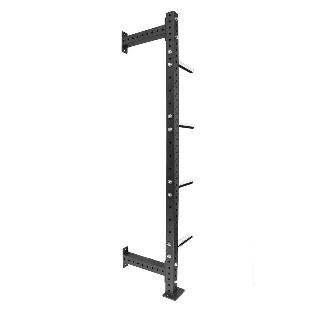 The JORDAN HELIX Weight Storage Horns Attachments by Jordan, designed for fixed power racks, feature a pair of black metal wall-mounted racks with multiple peg arms. They offer durable construction and adjustable height options for efficient gym weight organization. White background.