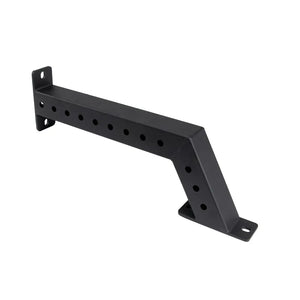 The Jordan Helix Fixed Power Rack Foot Attachments (pair) are black metal wall brackets with a Z-shape and multiple circular holes for mounting. These commercial-quality components are perfect for supporting shelves or racks, ensuring sturdy attachment in gym settings.